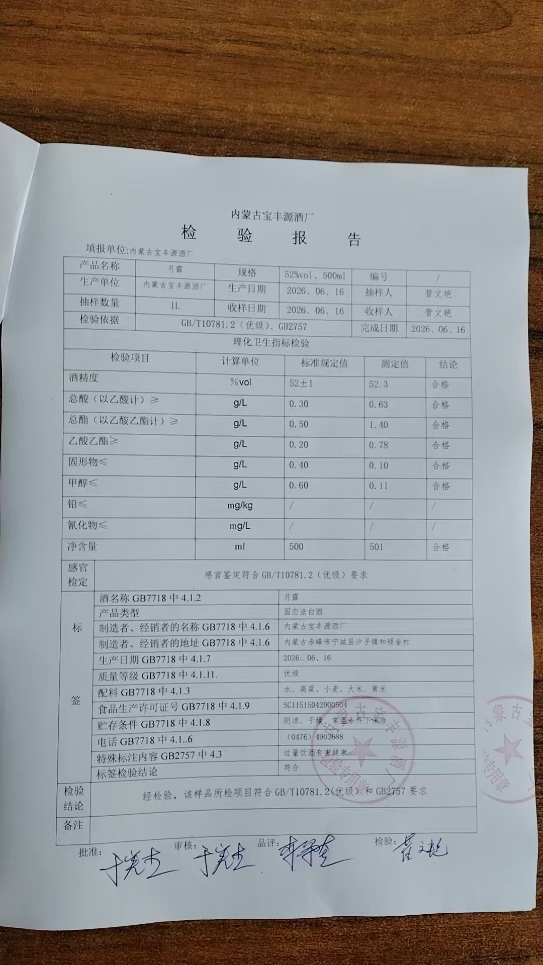 月露52度检验报告第2页